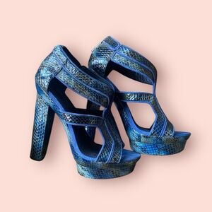 Rachel Zoe teal platform python snakeskin block heel zipper sky high heel 2000s